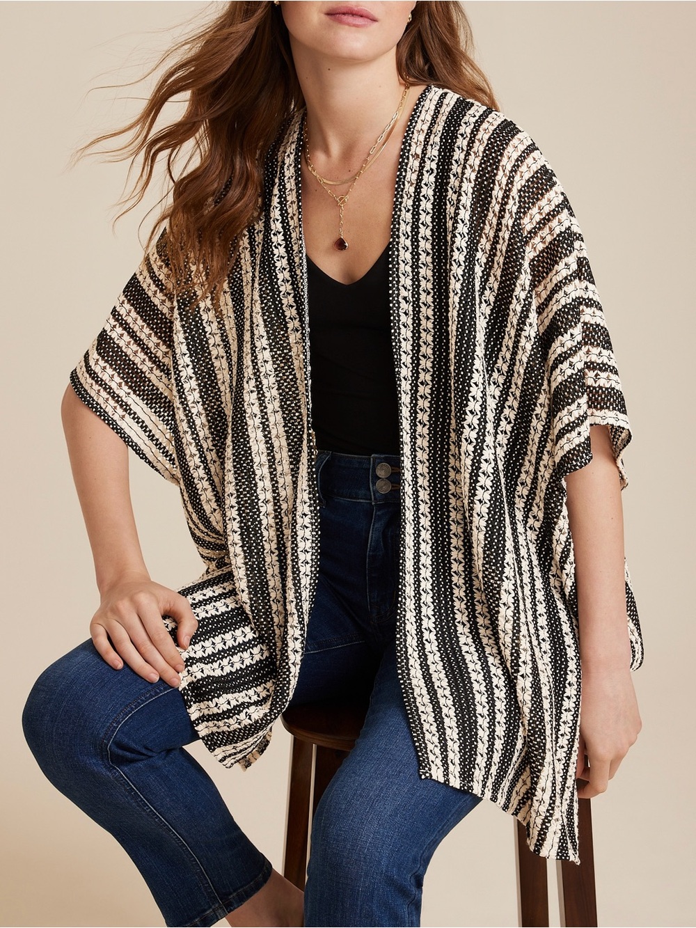Maurices Striped Crochet Kimono Black & Cream Open Front Boho One Size Women’s